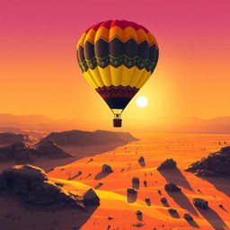 A hot air balloon soaring gracefully above a sunlit desert, with large, distinct pixel art style