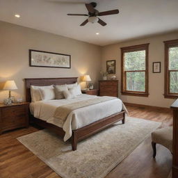 A master bedroom boasting warm wooden furniture, a beautifully crafted wooden bed with high-quality matching furnishings and a polished hardwood floor.