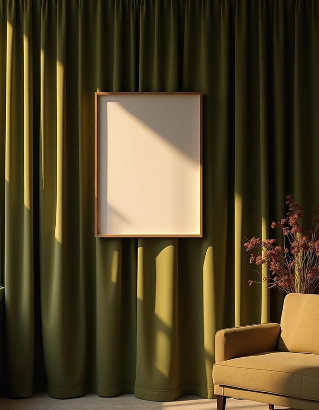 A room featuring a hanging picture in front of an elegant olive green curtain as the backdrop