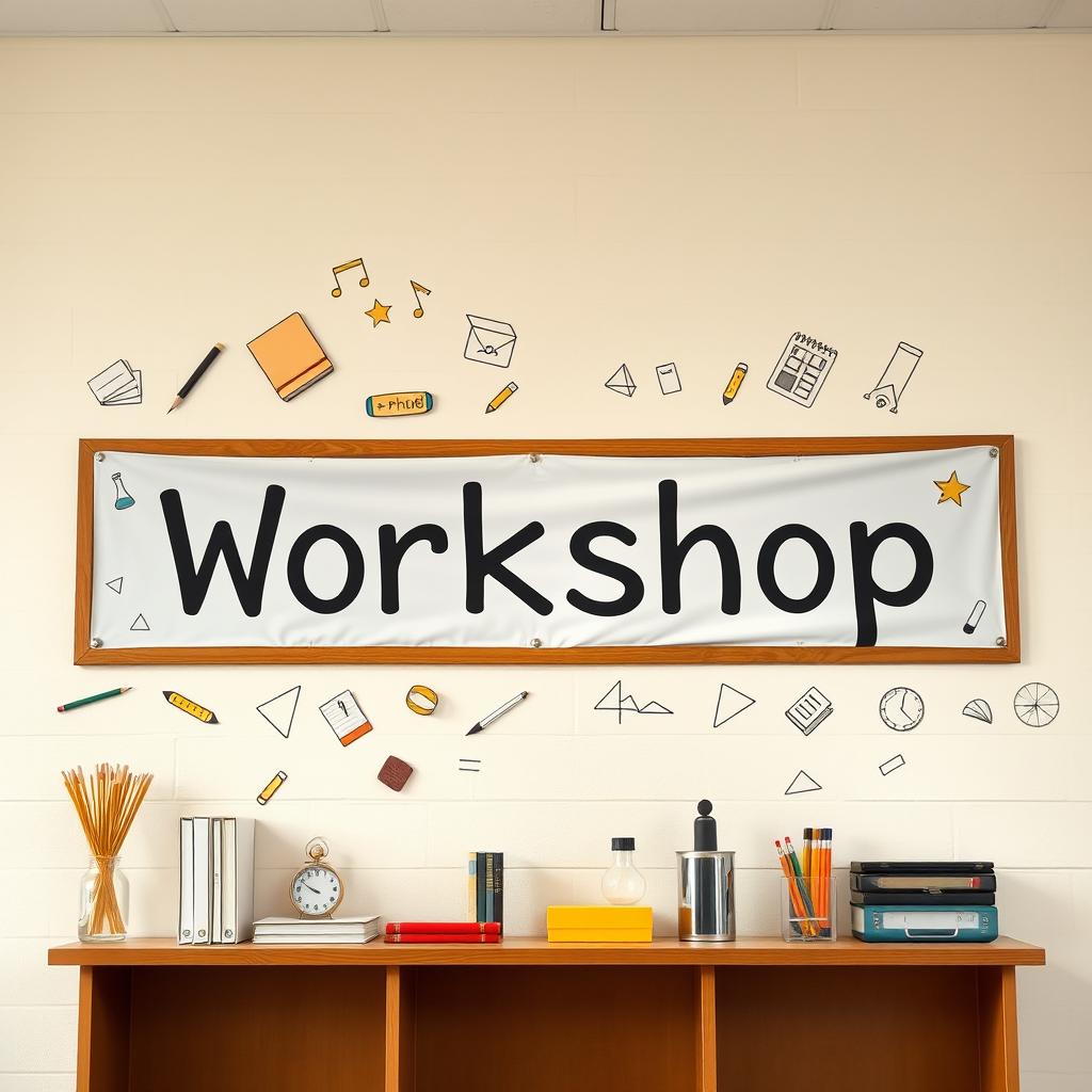 A banner titled 'Workshop' prominently displayed on the wall of a high school