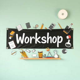 A banner titled 'Workshop' prominently displayed on the wall of a high school