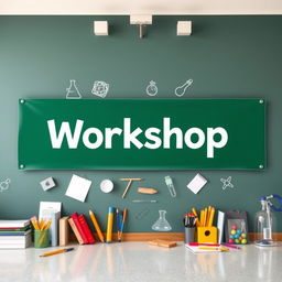 A banner titled 'Workshop' prominently displayed on the wall of a high school