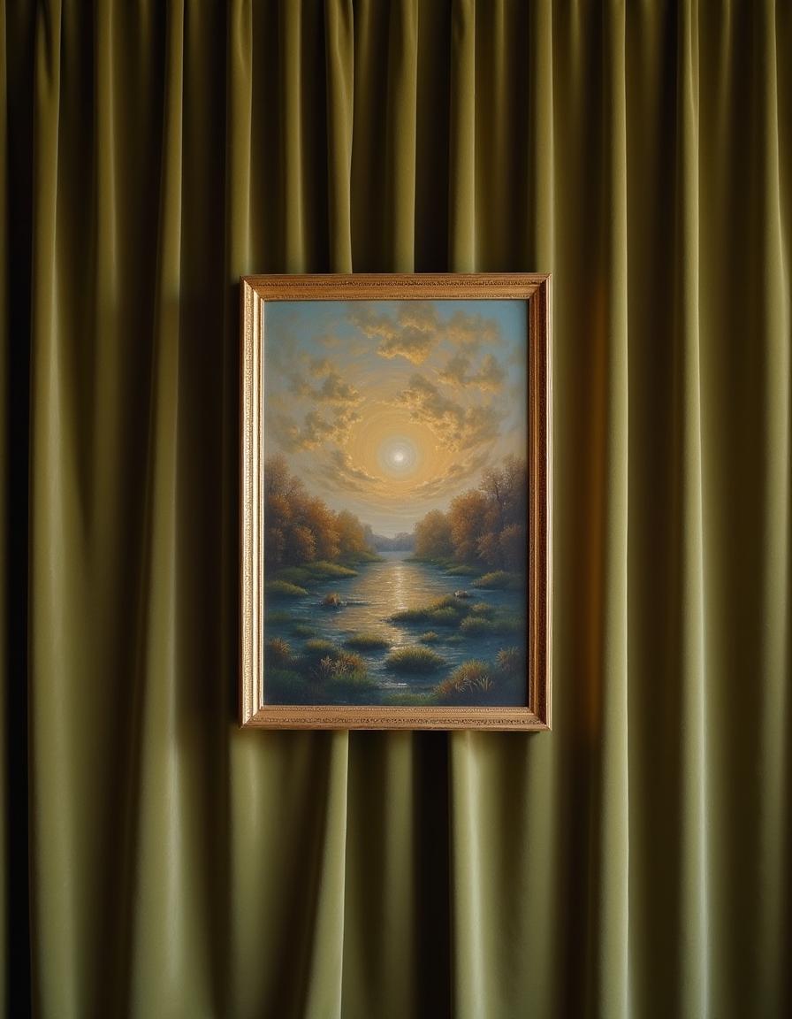 A painting hanging on a wall with a luxurious olive green curtain as the backdrop