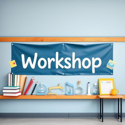 A banner titled 'Workshop' prominently displayed on the wall of a high school