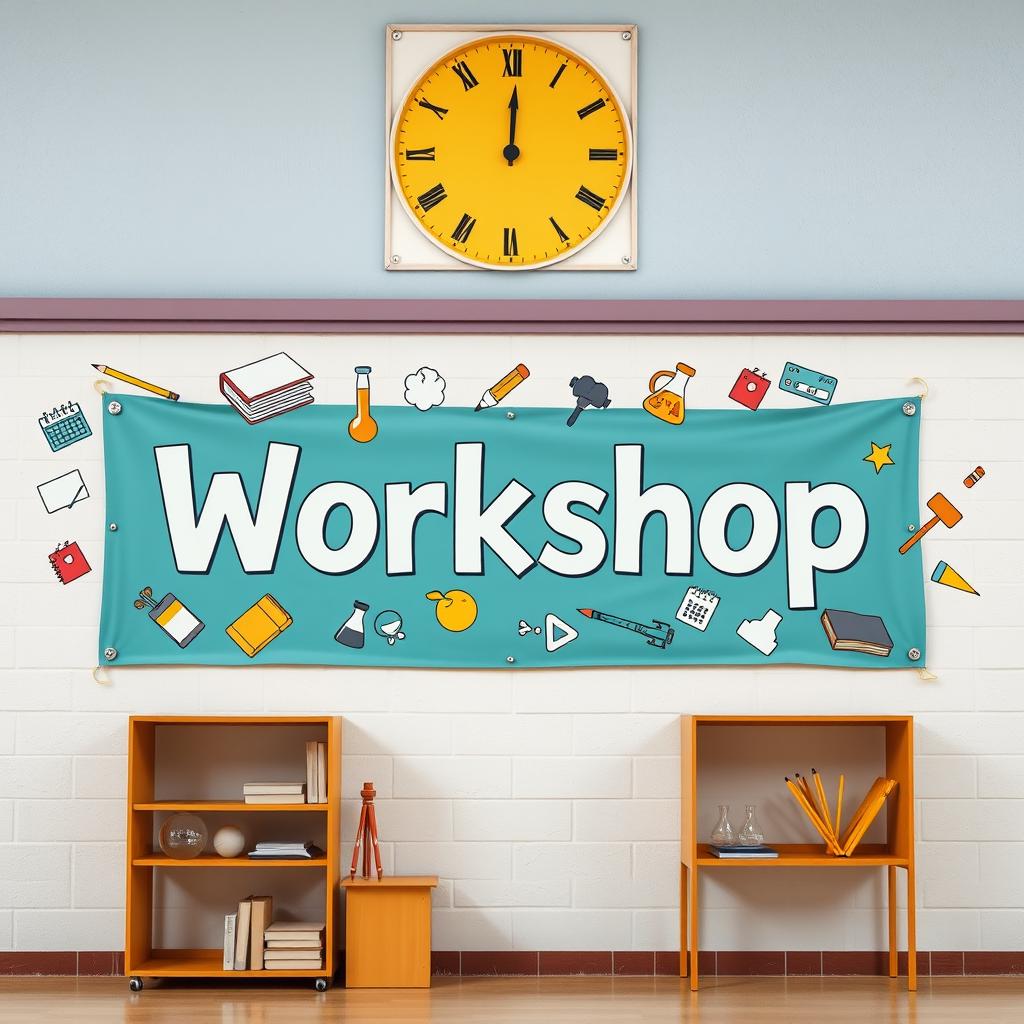 A banner titled 'Workshop' prominently displayed on the wall of a high school