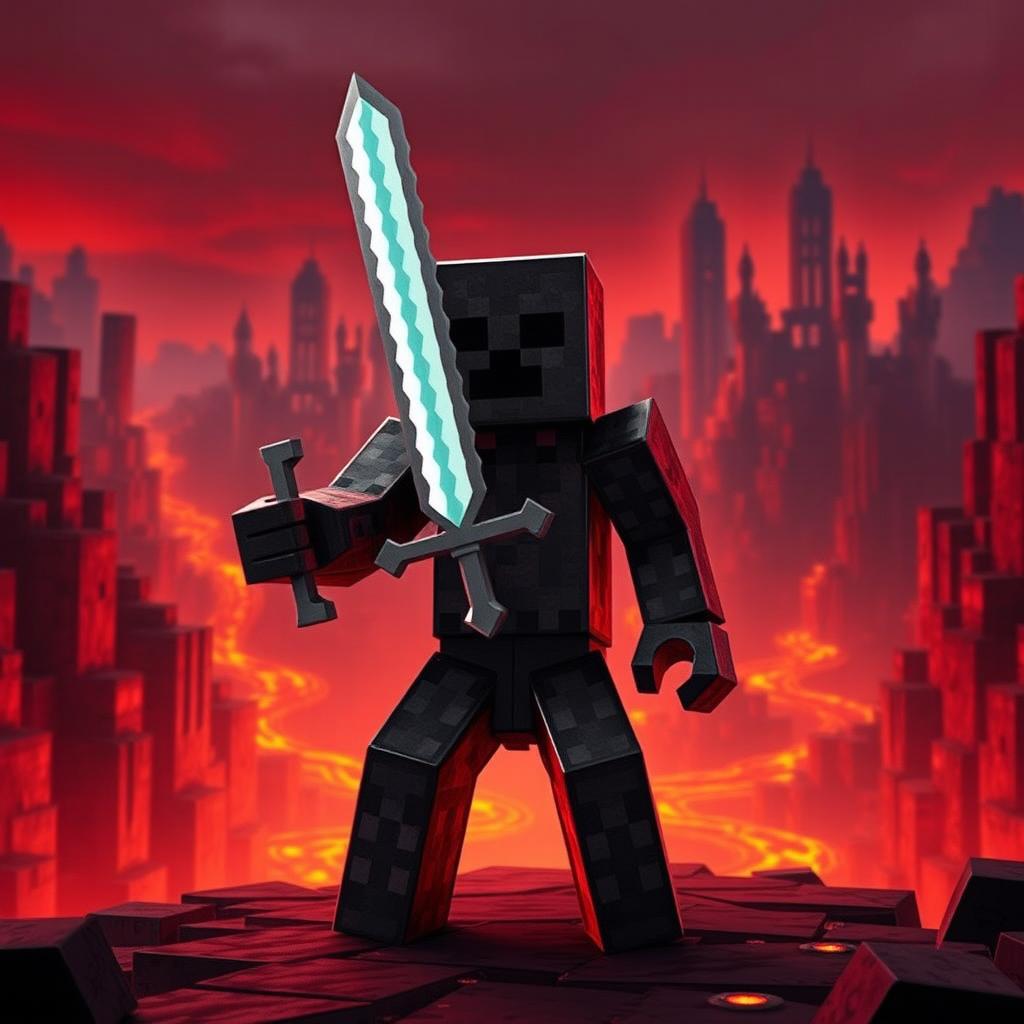 Herobrine, the mysterious figure from Minecraft lore, standing menacingly in the Nether