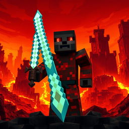 Herobrine, the mysterious figure from Minecraft lore, standing menacingly in the Nether