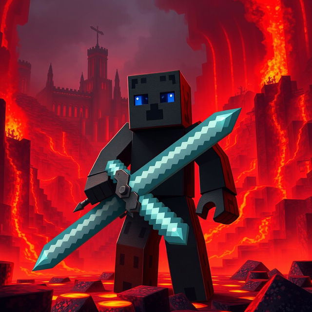 Herobrine, the mysterious figure from Minecraft lore, standing menacingly in the Nether