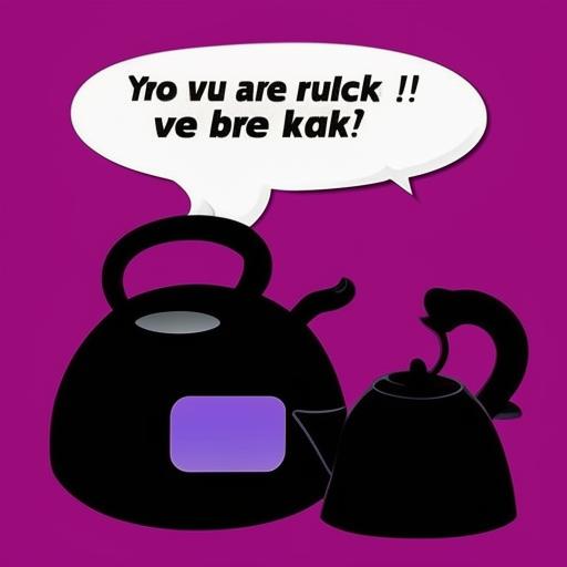 Create an image in Disney animation style featuring a talking cook pot with a speech bubble saying 'you are black' to a sleek black kettle.