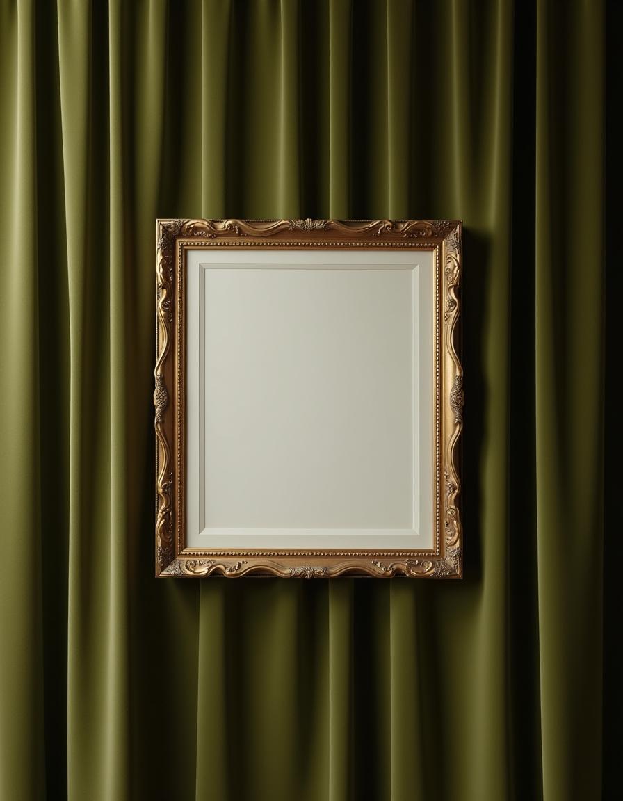 A framed painting hanging against a luxurious olive green curtain