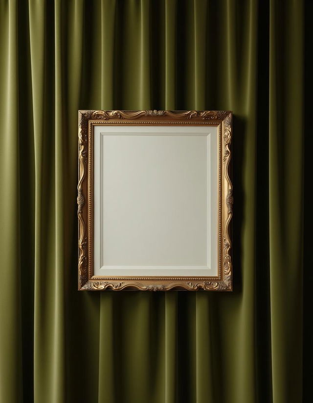 A framed painting hanging against a luxurious olive green curtain