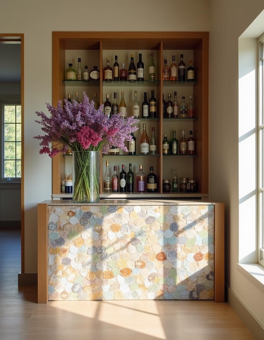 A spacious home bar with a larger view showcasing a decorative front panel featuring intricate seashell patterns, forming a colorful and artistic mosaic