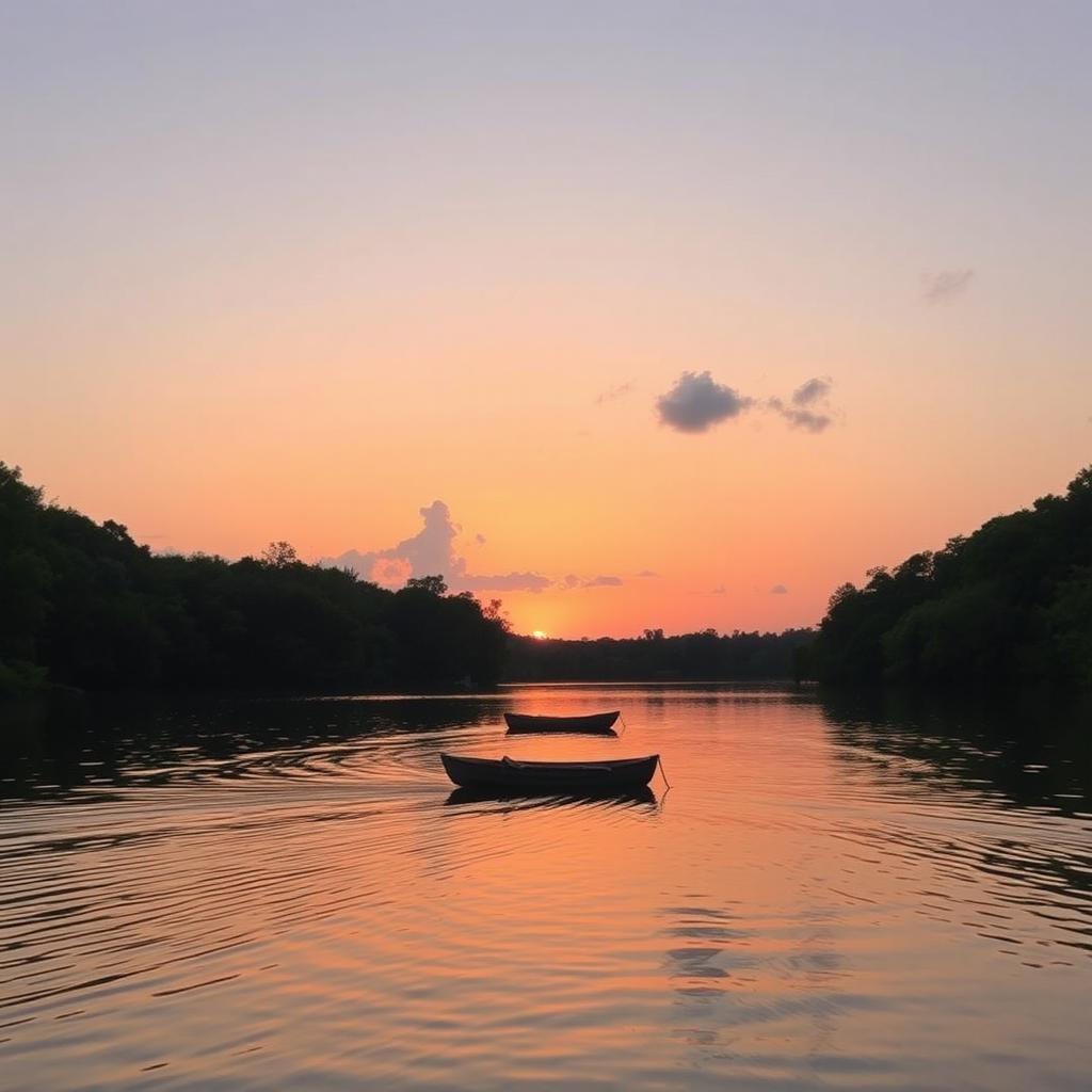 A serene sunset over a calm lake surrounded by lush green trees, with gentle ripples cascading across the water