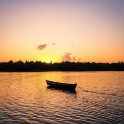 A serene sunset over a calm lake surrounded by lush green trees, with gentle ripples cascading across the water