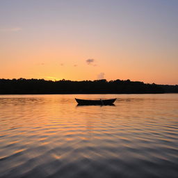 A serene sunset over a calm lake surrounded by lush green trees, with gentle ripples cascading across the water