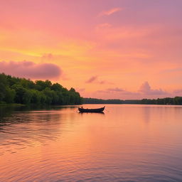 A serene sunset over a calm lake surrounded by lush green trees, with gentle ripples cascading across the water