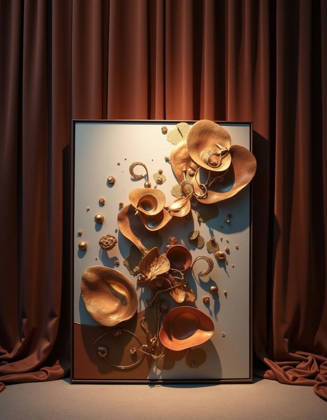 A stunning piece of float art positioned elegantly in front of luxurious drapes