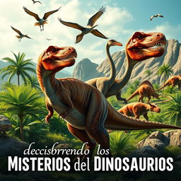 A vibrant and captivating image featuring a variety of dinosaurs set against a prehistoric landscape