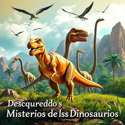 A vibrant and captivating image featuring a variety of dinosaurs set against a prehistoric landscape