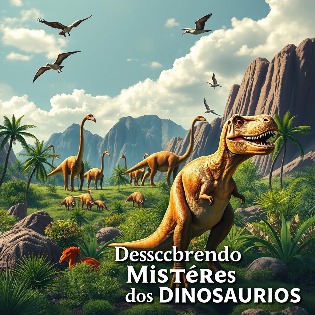 A vibrant and captivating image featuring a variety of dinosaurs set against a prehistoric landscape