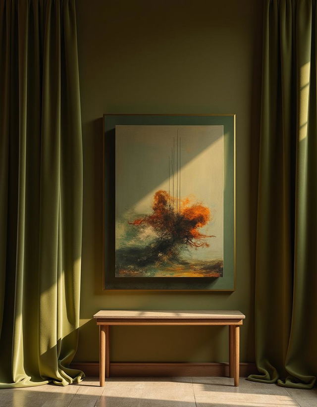 A piece of contemporary float art elegantly displayed in front of luxurious olive green drapes