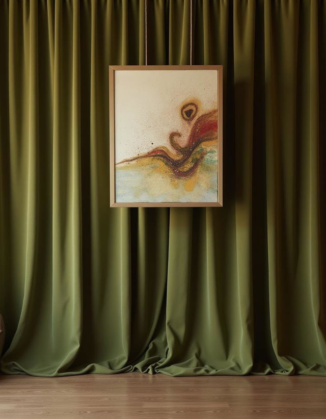 A piece of abstract float art suspended elegantly in front of rich olive green drapes