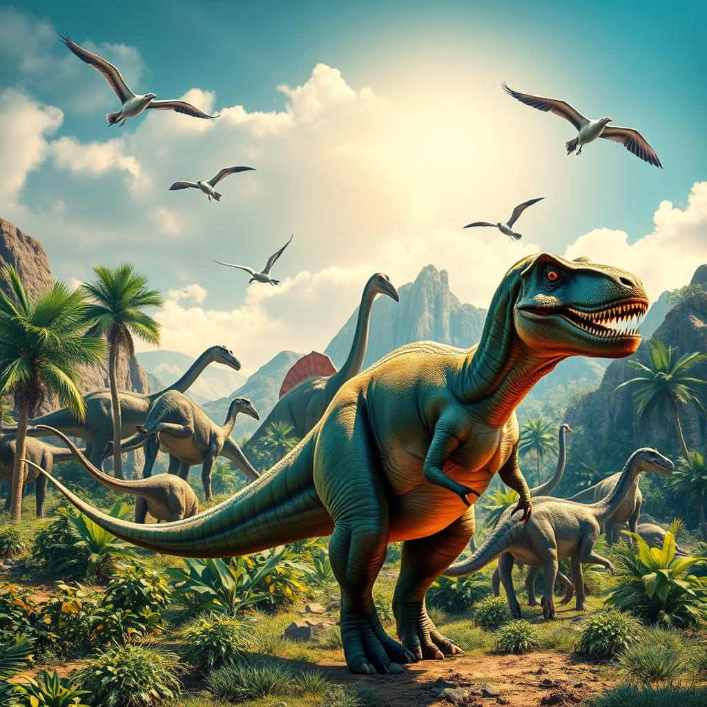 A vibrant and captivating image featuring a variety of dinosaurs set against a prehistoric landscape