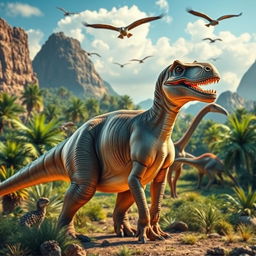 A vibrant and captivating image featuring a variety of dinosaurs set against a prehistoric landscape