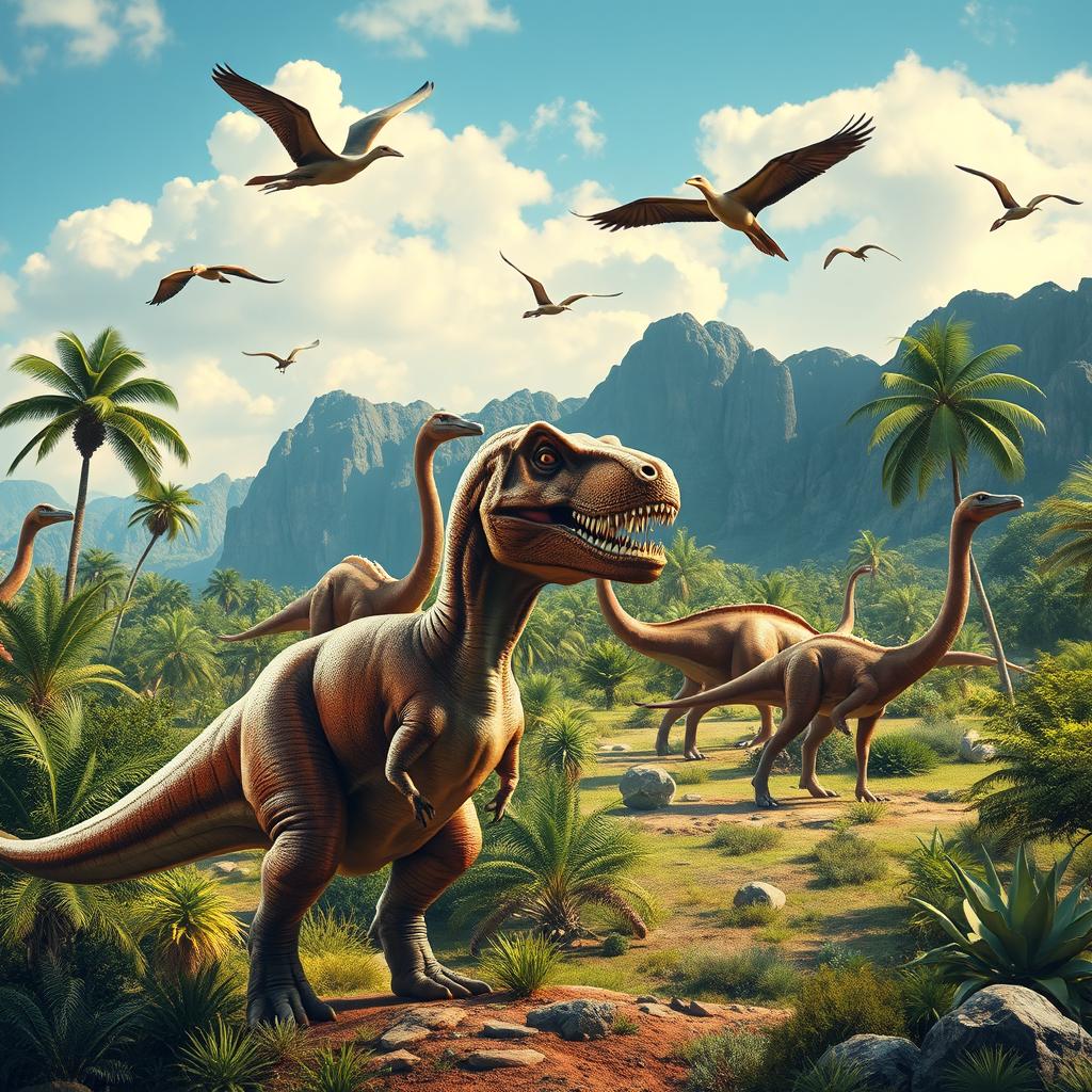 A vibrant and captivating image featuring a variety of dinosaurs set against a prehistoric landscape