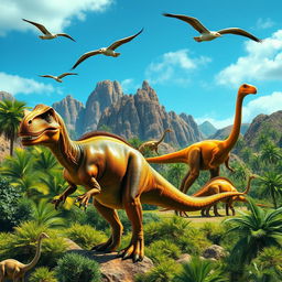 A vibrant and captivating image featuring a variety of dinosaurs set against a prehistoric landscape