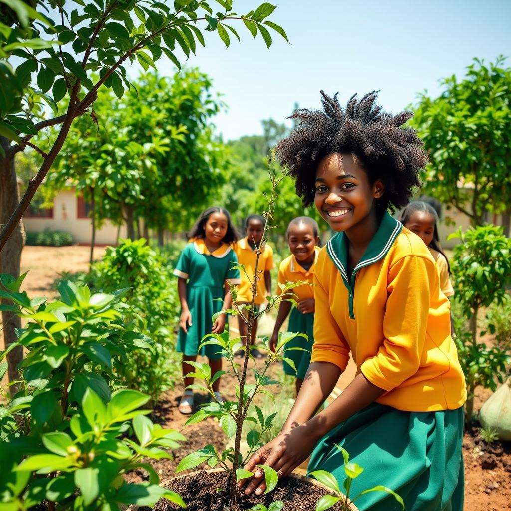 A group of eight Ethiopian middle school students, joyfully cleaning their vibrant green school compound