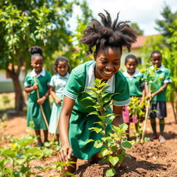 A group of eight Ethiopian middle school students, joyfully cleaning their vibrant green school compound