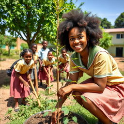 A group of eight Ethiopian middle school students, joyfully cleaning their vibrant green school compound