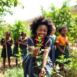 A group of eight Ethiopian middle school students, joyfully cleaning their vibrant green school compound