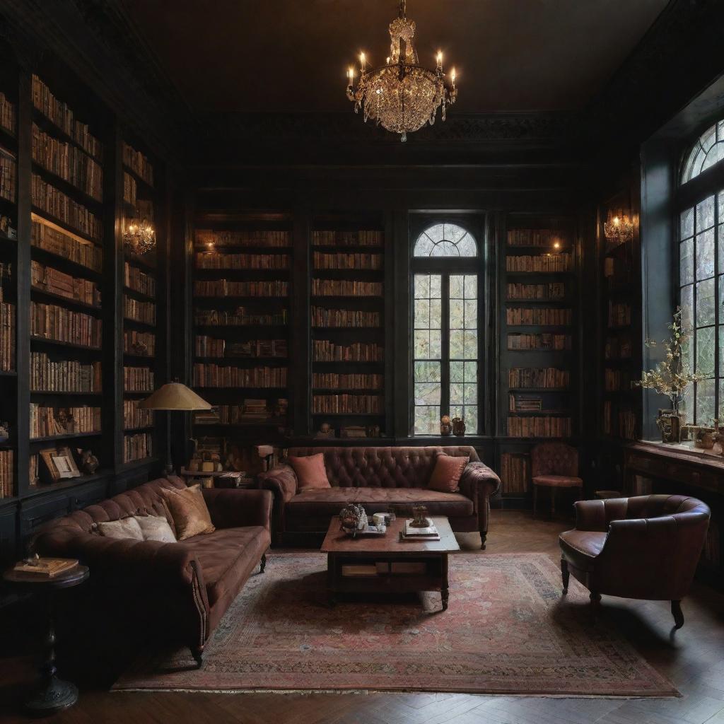 A dark academia themed house interior filled with high ceiling bookshelves brimming with classic literature, vintage furniture, warm tones, and a romantic ambiance with low, soft lighting