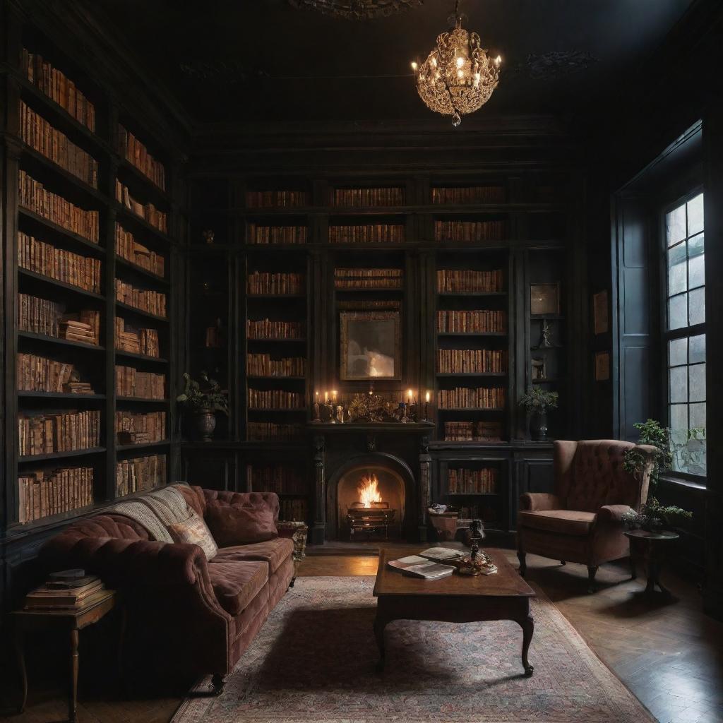 A dark academia themed house interior filled with high ceiling bookshelves brimming with classic literature, vintage furniture, warm tones, and a romantic ambiance with low, soft lighting