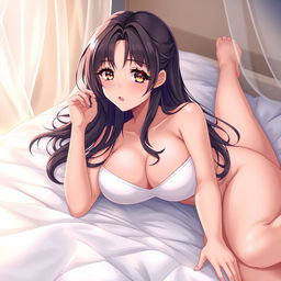 Anime-style depiction of a sexy girl lying on a bed