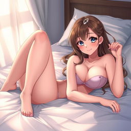 Anime-style depiction of a sexy girl lying on a bed