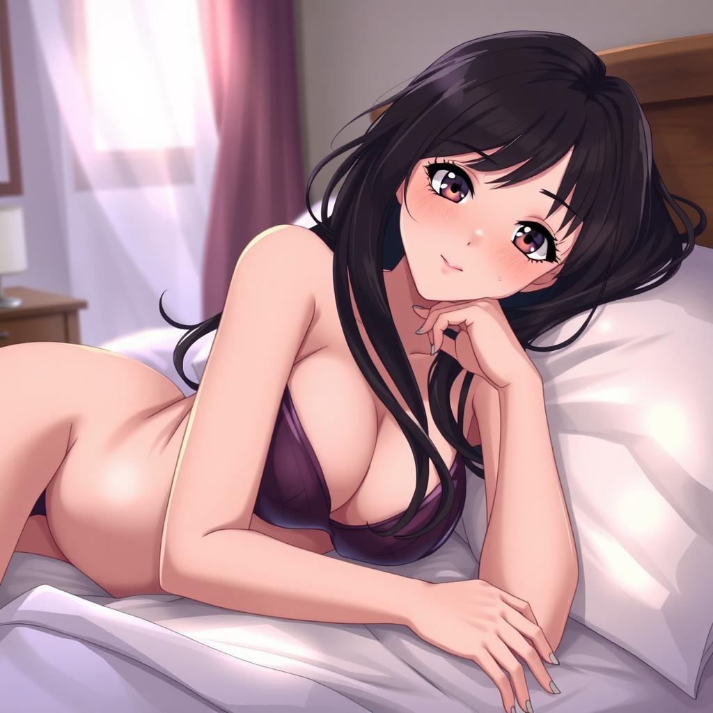 Anime-style depiction of a sexy girl lying on a bed