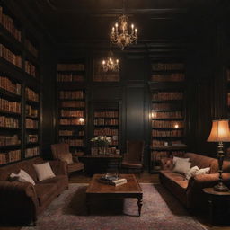 A dark academia themed house interior filled with high ceiling bookshelves brimming with classic literature, vintage furniture, warm tones, and a romantic ambiance with low, soft lighting