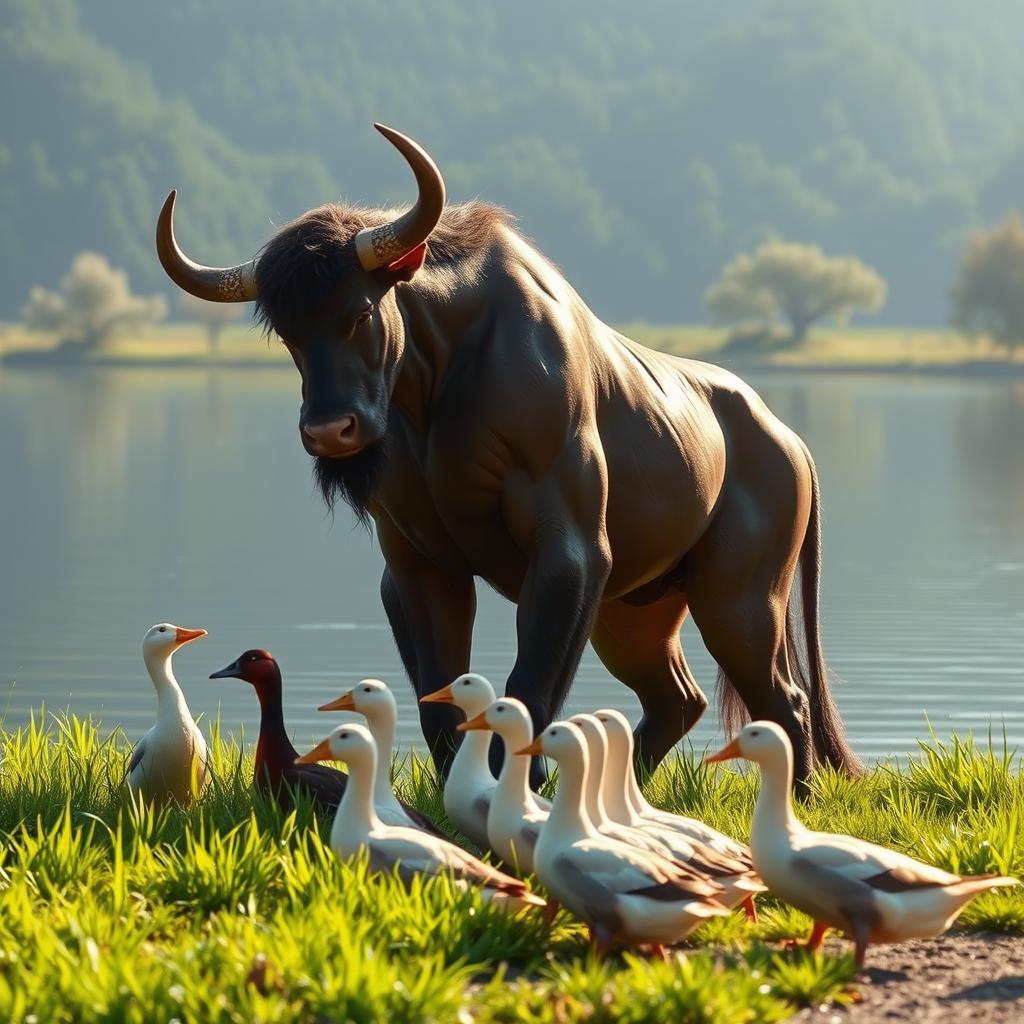 A gentle and friendly Minotaur feeding a group of ducks by a serene lakeside