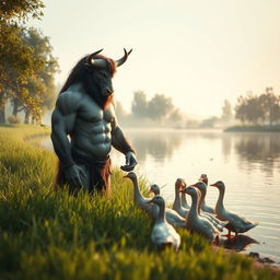 A gentle and friendly Minotaur feeding a group of ducks by a serene lakeside