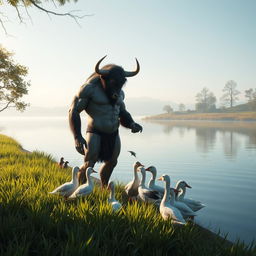 A gentle and friendly Minotaur feeding a group of ducks by a serene lakeside