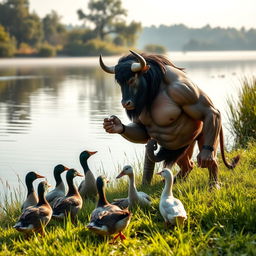 A gentle and friendly Minotaur feeding a group of ducks by a serene lakeside