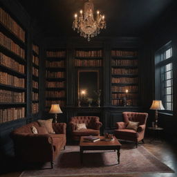 A dark academia themed house interior filled with high ceiling bookshelves brimming with classic literature, vintage furniture, warm tones, and a romantic ambiance with low, soft lighting