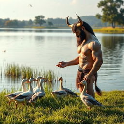 A gentle and friendly Minotaur feeding a group of ducks by a serene lakeside