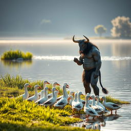 A gentle and friendly Minotaur feeding a group of ducks by a serene lakeside