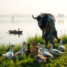 A gentle and friendly Minotaur feeding a group of ducks by a serene lakeside