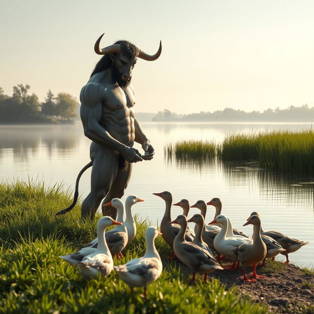 A gentle and friendly Minotaur feeding a group of ducks by a serene lakeside