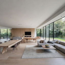 A modern house interior characterized by sleek lines, minimalist furniture, neutral color schemes, and an open-concept space flooded with natural light.